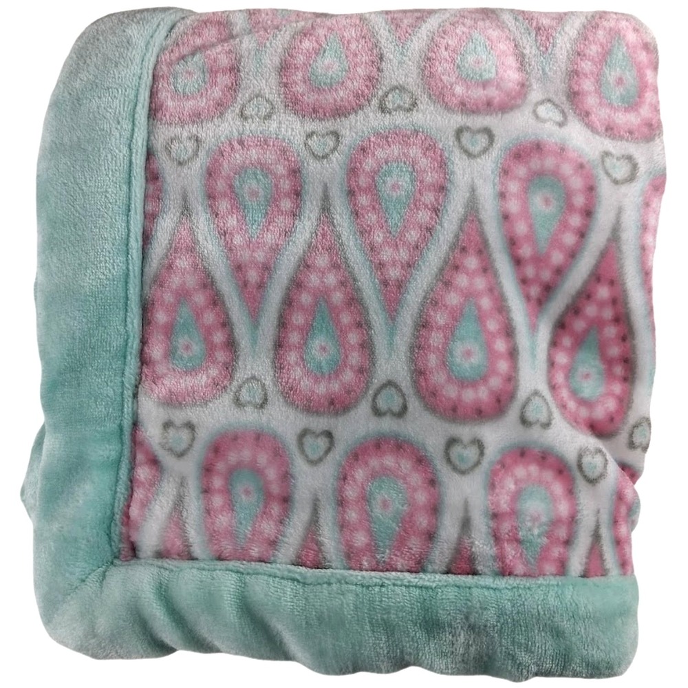 Okie Dokie Teal Pink Gray White Tear Drop Baby Blanket Plush htf 30x40 Heart